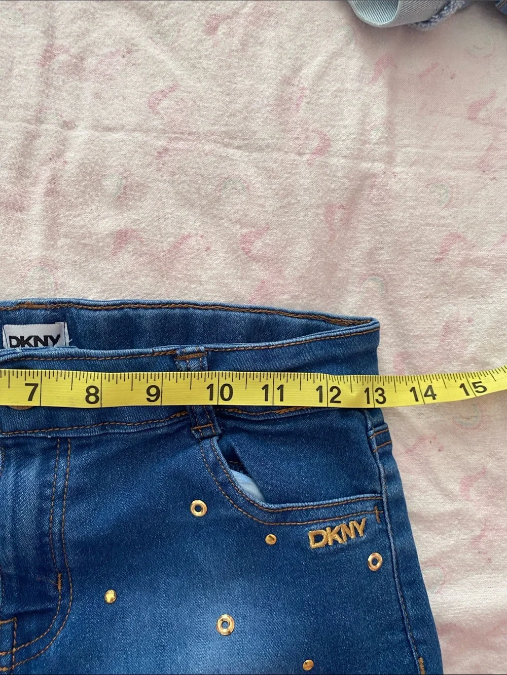 DKNY Girls' Dark and Light Blue Denim Shorts with Gold Studs